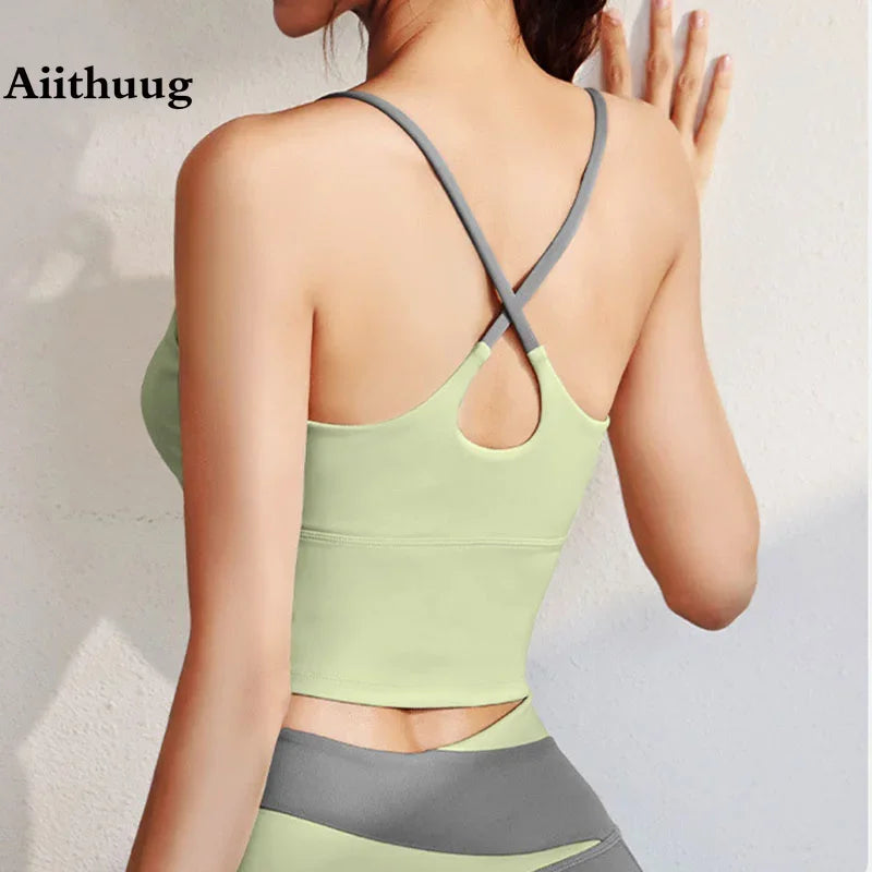 PofyBofy Build-in Bra Yoga Crop Top Sleeve Gym Tank Top Women Workout Bra Tanks Fitness Bra Tanks Yoga Crop Tops Crisscross Back