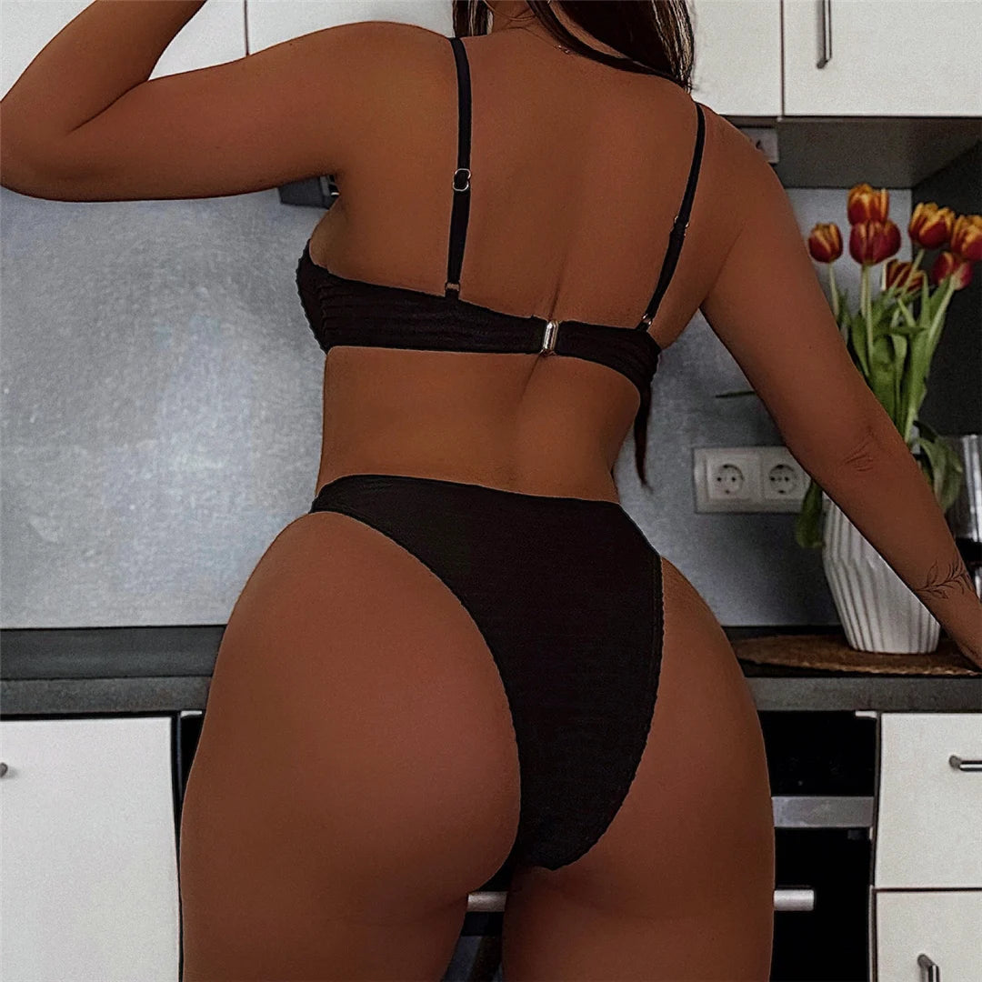Metal Rings Wrinkled Underwired One Piece Swimsuit Women Swimwear Female Monokini High Cut Leg Bather Bathing Suit Swim