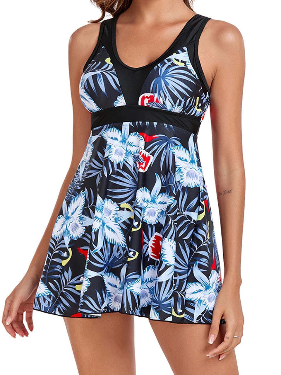 Leaf Print Long Top Tankini Set Two Piece Swimsuit Women Mesh Fabric Swimwear Female Beachwear