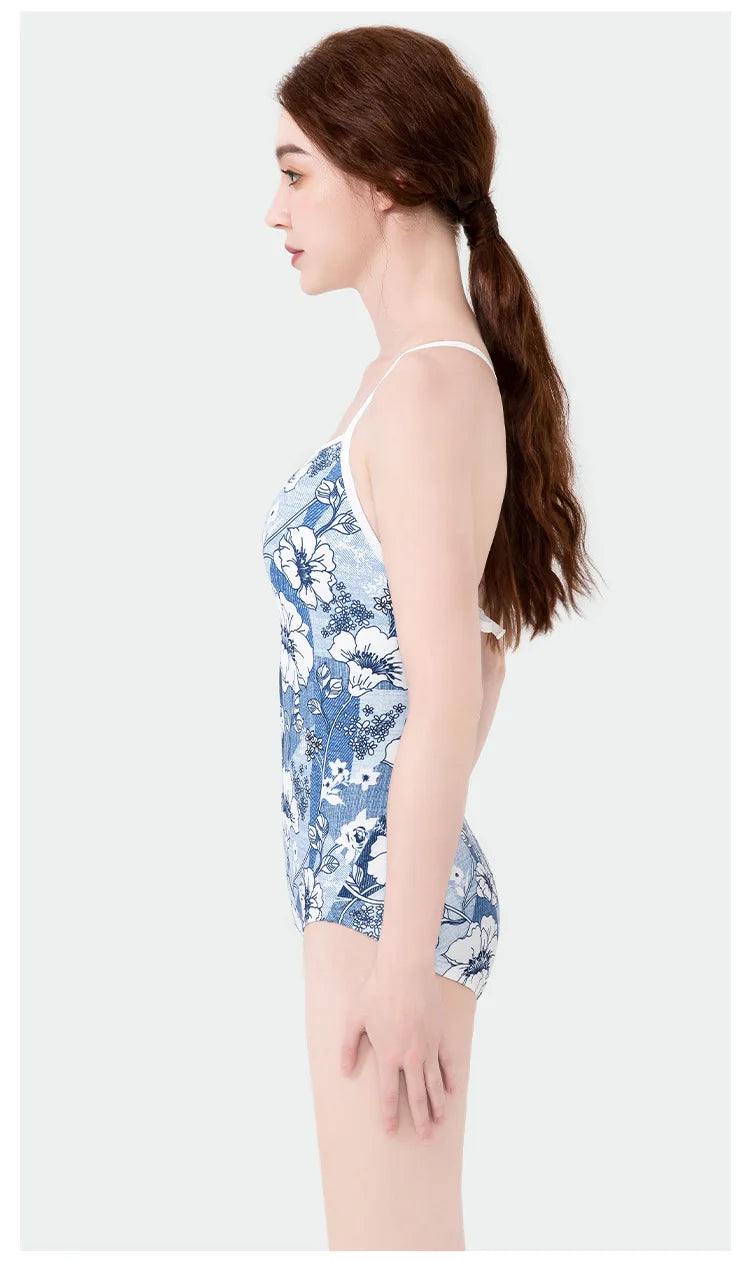 Women Vintage Racing One-piece Swimwear Sun Protection Professional Competition Flower Printed Swimsuit Training Bikini