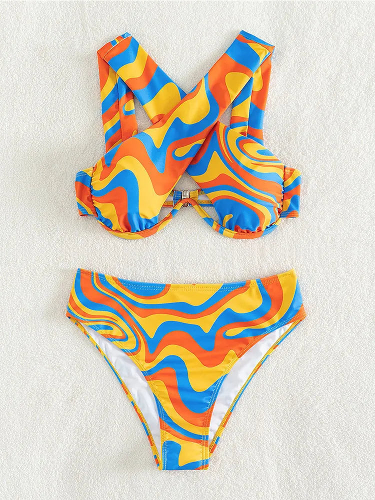 Underwire Bikini Set Women Orange Wave Designer Halter Cross High Waist Swimsuit Summer Bathing Suit 2 Piece Swimwear