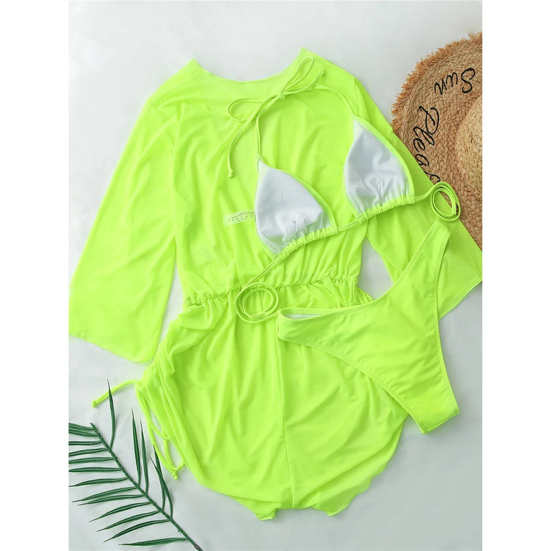 3 PCS Halter Bikini Women Swimwear Female Swimsuit Three-pieces Bikini set With Cover Up Bather Bathing Suit Swim Lady