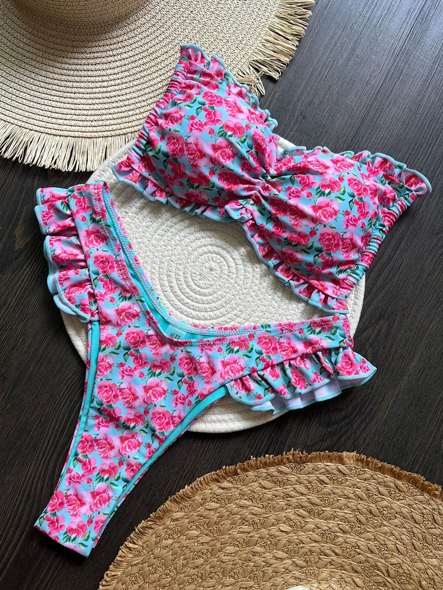 Flowers Print Ruffled Frilled Bandeau Bikini Women Swimwear Female Swimsuit Two-pieces Bikini Set Bather Bathing Suit Swim