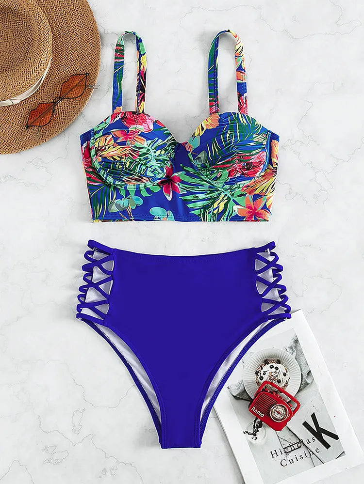 Cikini-Tropical Print Criss Cross Push Up Bikinis Set, High Waist Split Swimwear, Summer Swimsuit, Bathing Suit for Women, 2 Pcs