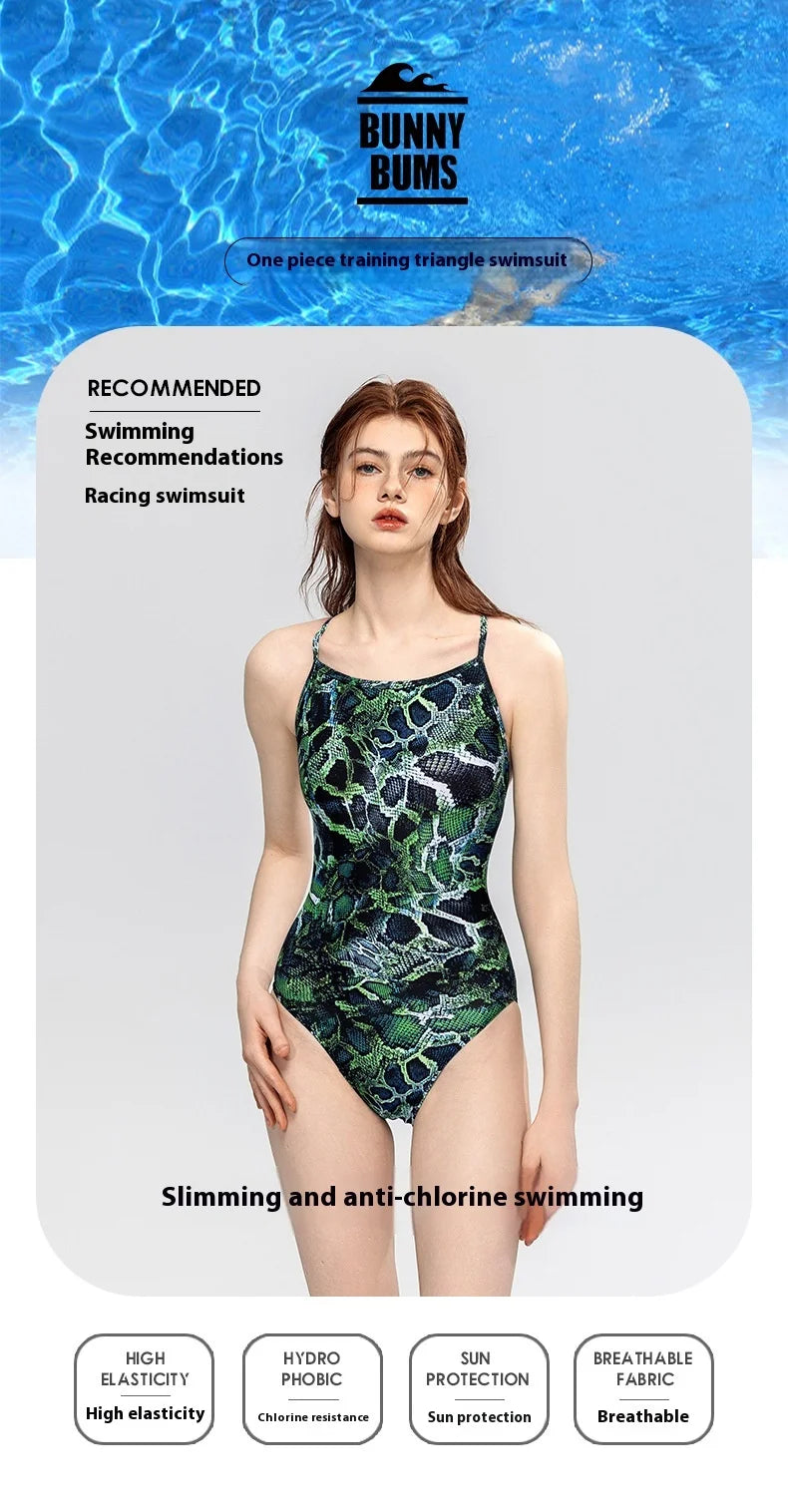 Bunny Bums Green Reptile Design One-piece Swimsuit Racing Training Swimsuit Swimwear