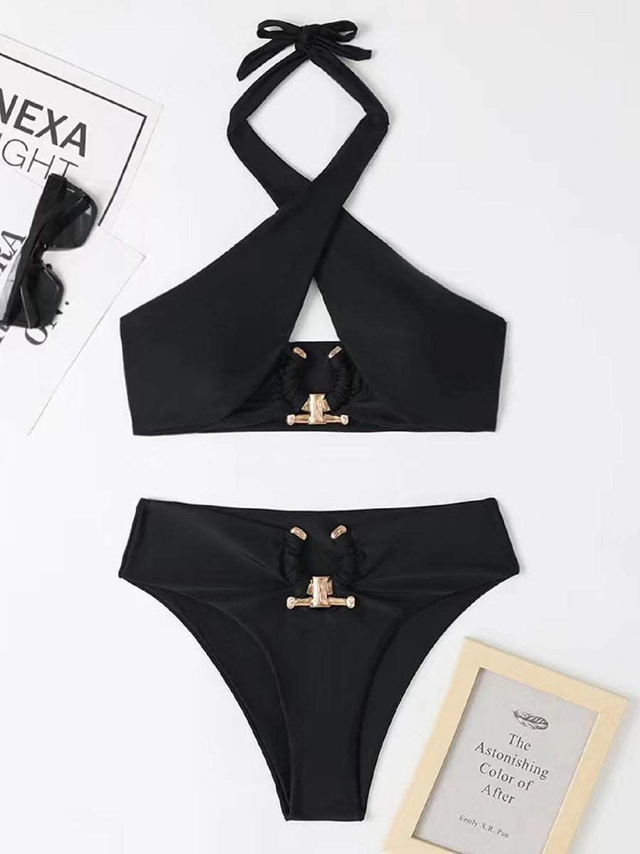 Halter Bikini Solid Metal Link Swimsuit Women Hollow Out Swimwear Female Bathers Bathing Swimming Swim Suit Beachwear