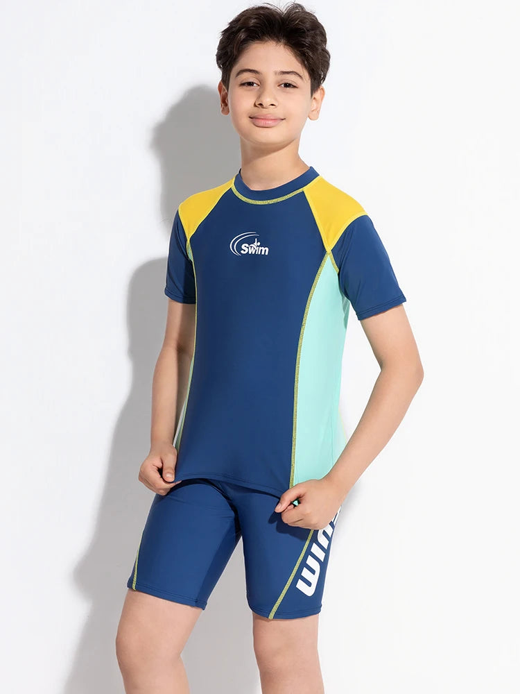 Boy Swimwear Short Shirt Two Piece Short Sleeve Solid Patchwork Teenager Children Kids Swimming Beach Wear 2024 9-16 years