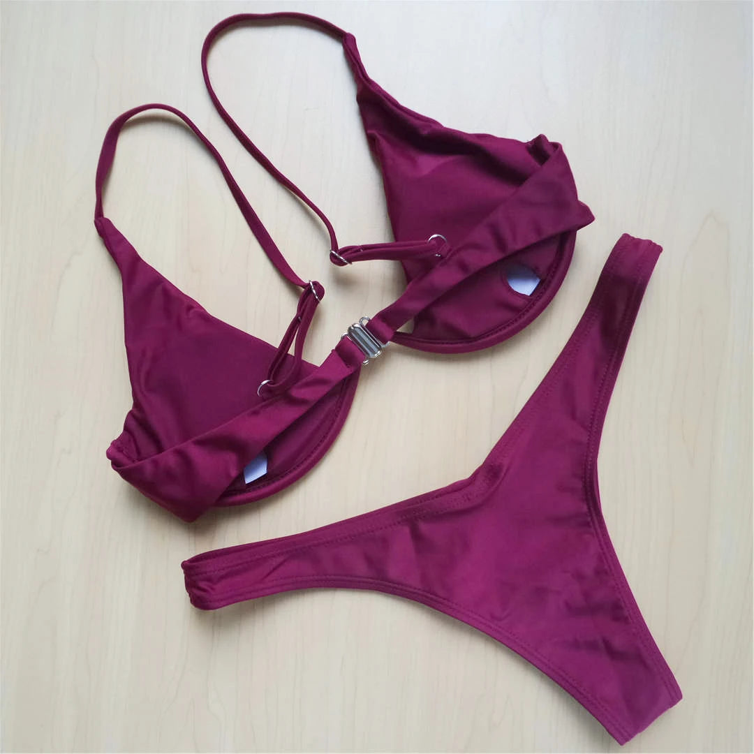 S - XL V-bar Underwired Bikini Female Swimsuit Women Swimwear Two-piece V shape Wire Bikini set Bather Bathing Suit Swim