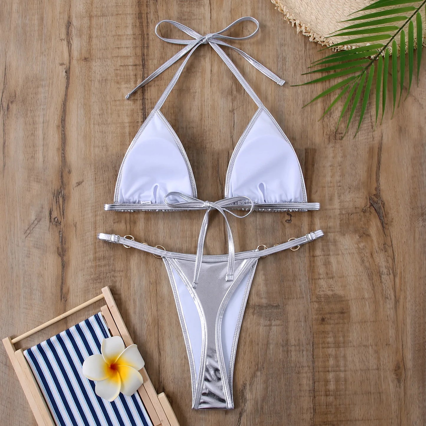 Metallic Halter Bikinis Set Lace Up Triangle Tie Side Swimsuit Pearl Patchwork Women Swimwear Micro Thong Bathing Suit