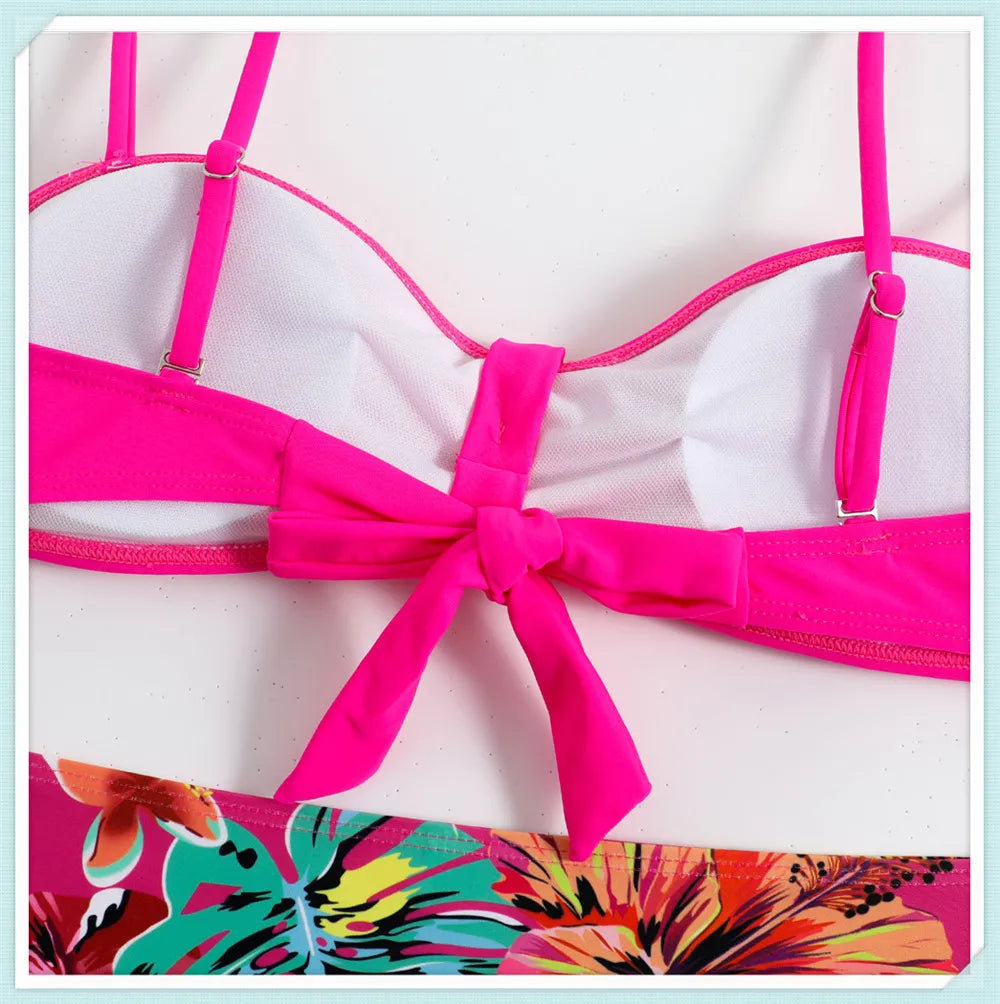 Solid Bandeau Bikini Set Women Tropical Printed Swimwear Female Push Up Swimsuit High Waist Bathing Suit Tie Back Beachwear