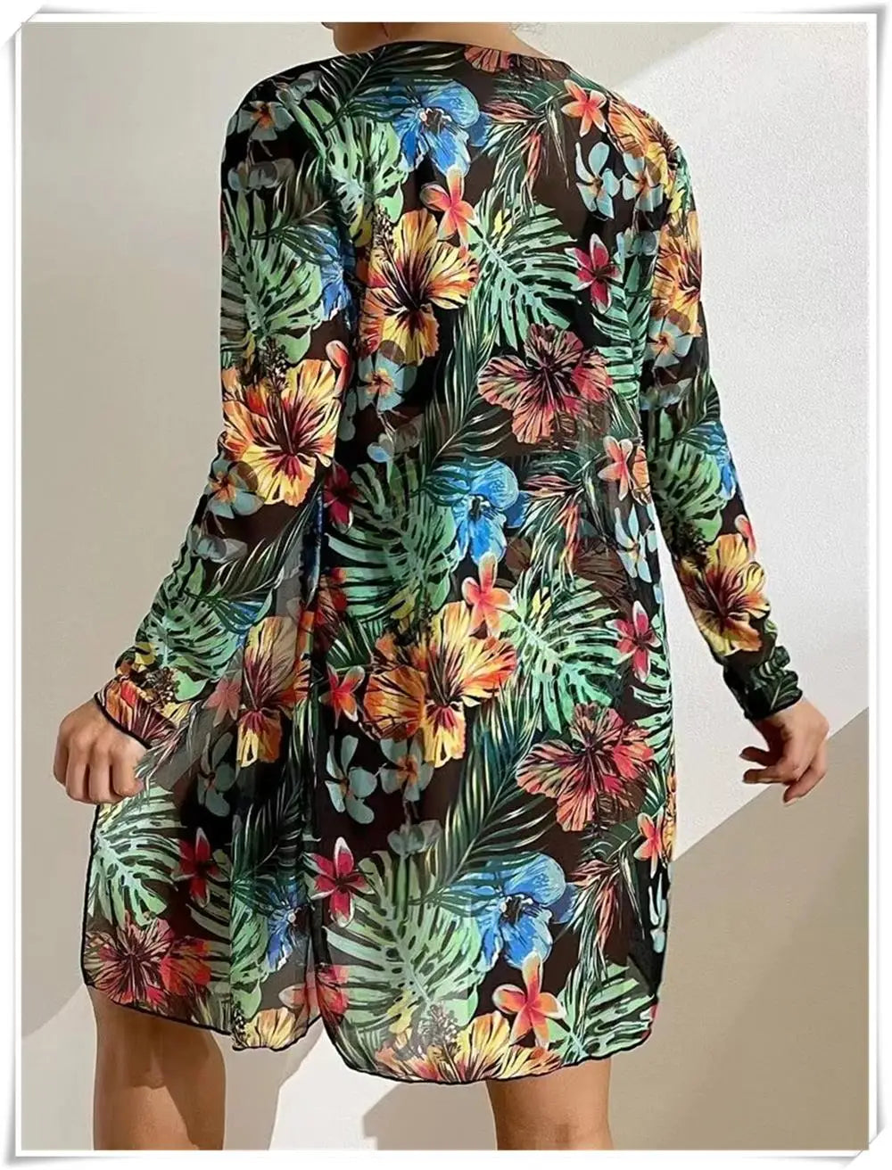 3 Piece Bikini Set Women Cover Up Swimwear Female Tropical Printed Swimsuit Push Up Beachwear Long Sleeve Bathing Suit