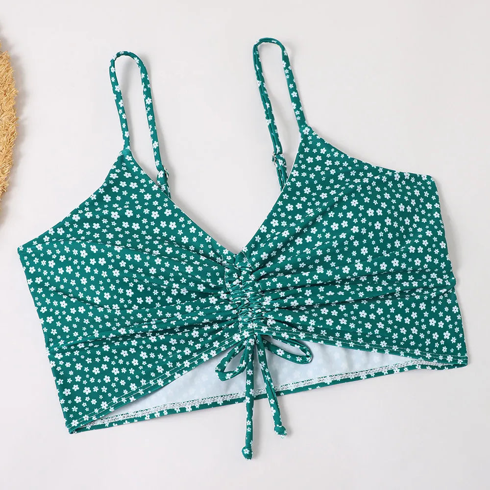 High Waist Bikini Swimsuit Women Floral Print Swim Suits Drawstring Front Shorts Boxers Swimwear Trunks Pool Bathing Suit