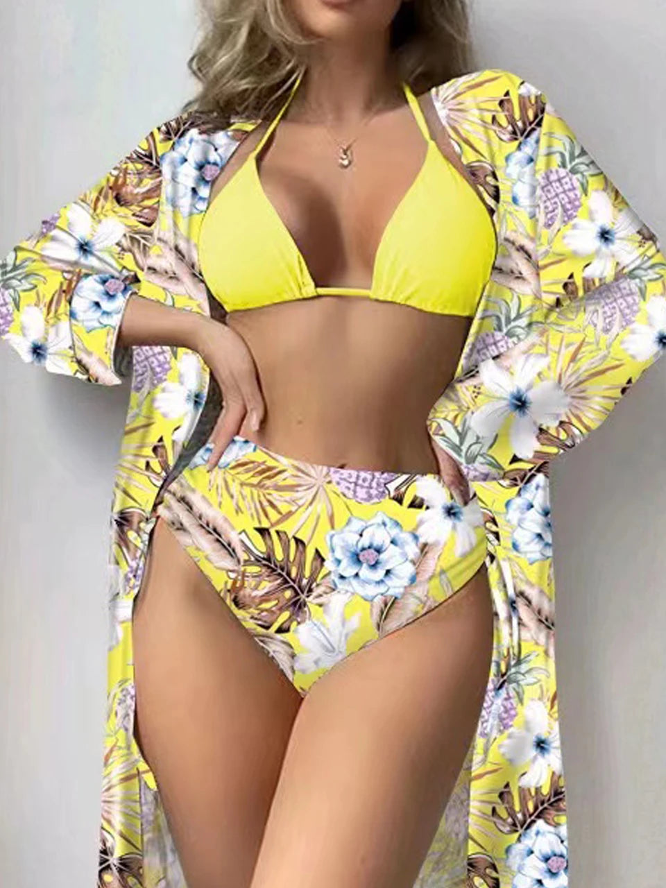 Lace Up Bikinis & Cover Up Long Sleeve Swimwear Women 3-Piece Print Swimsuit Summer Beach Bathing Suit Female Swimming Wear