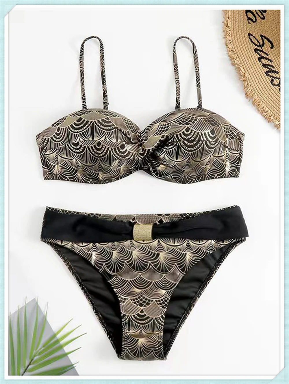 Metallic Stitch Strap Bikini Women Push Up Gold print Swimsuit Female High Waist Swimwear Bathers Bathing Suit Beachwear