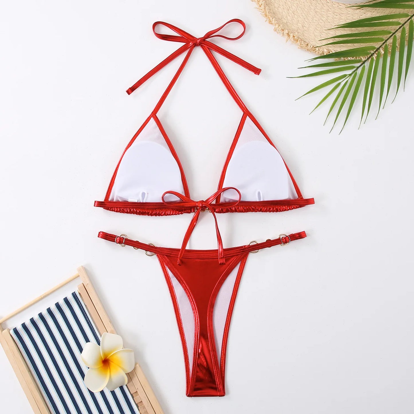 Metallic Halter Bikinis Set Lace Up Triangle Tie Side Swimsuit Pearl Patchwork Women Swimwear Micro Thong Bathing Suit