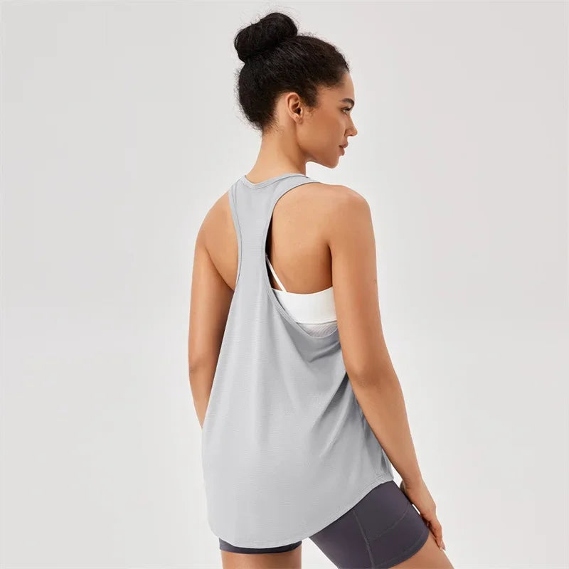 PofyBofy Racerback Crew Neck Loose Quick Drying Elastic Sleeveless Shirts Fitness Running Yoga Gym Tank Tops Sportwear for Women