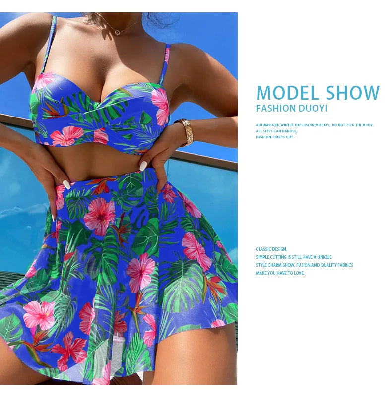 Cikini-Women's Tropical Print Push Up Bikinis Set, Swimsuit with Beach Skirt, Swimwear, Summer Bathing Suit