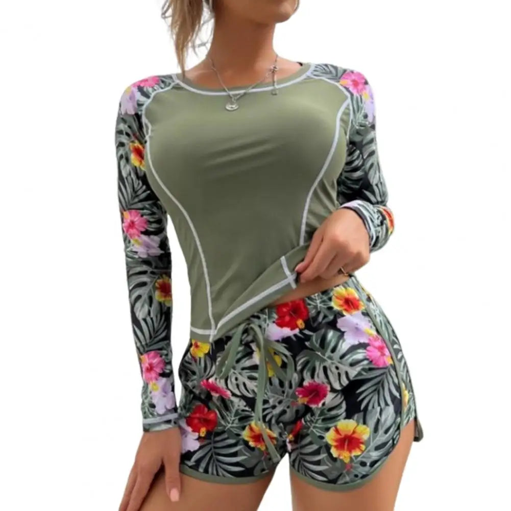 2 Pcs/Set Women Swimsuit Set Long Sleeves O Neck Floral Print Top Drawstring Elastic Waist Shorts Water Sports Top Shorts Set