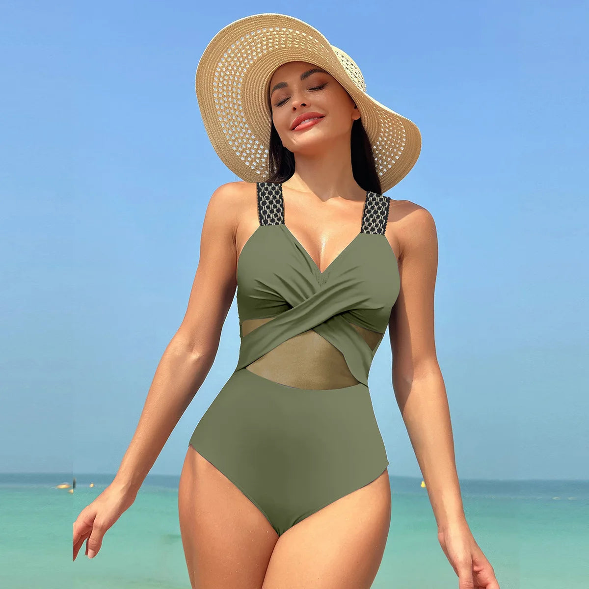Pure Color Mesh Bikini Swimsuit One Piece Swimsuit Women's Summer
