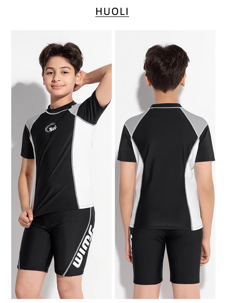 Boy Swimwear Short Shirt Two Piece Short Sleeve Solid Patchwork Teenager Children Kids Swimming Beach Wear 2024 9-16 years