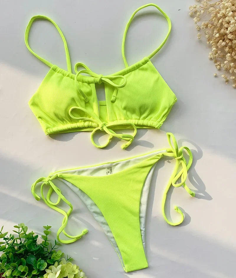 Strappy Lace Up Ribbed Bikini Women Swimwear Female Swimsuit Two-piece Bikini set Hollow Out Bathing Suit Swim