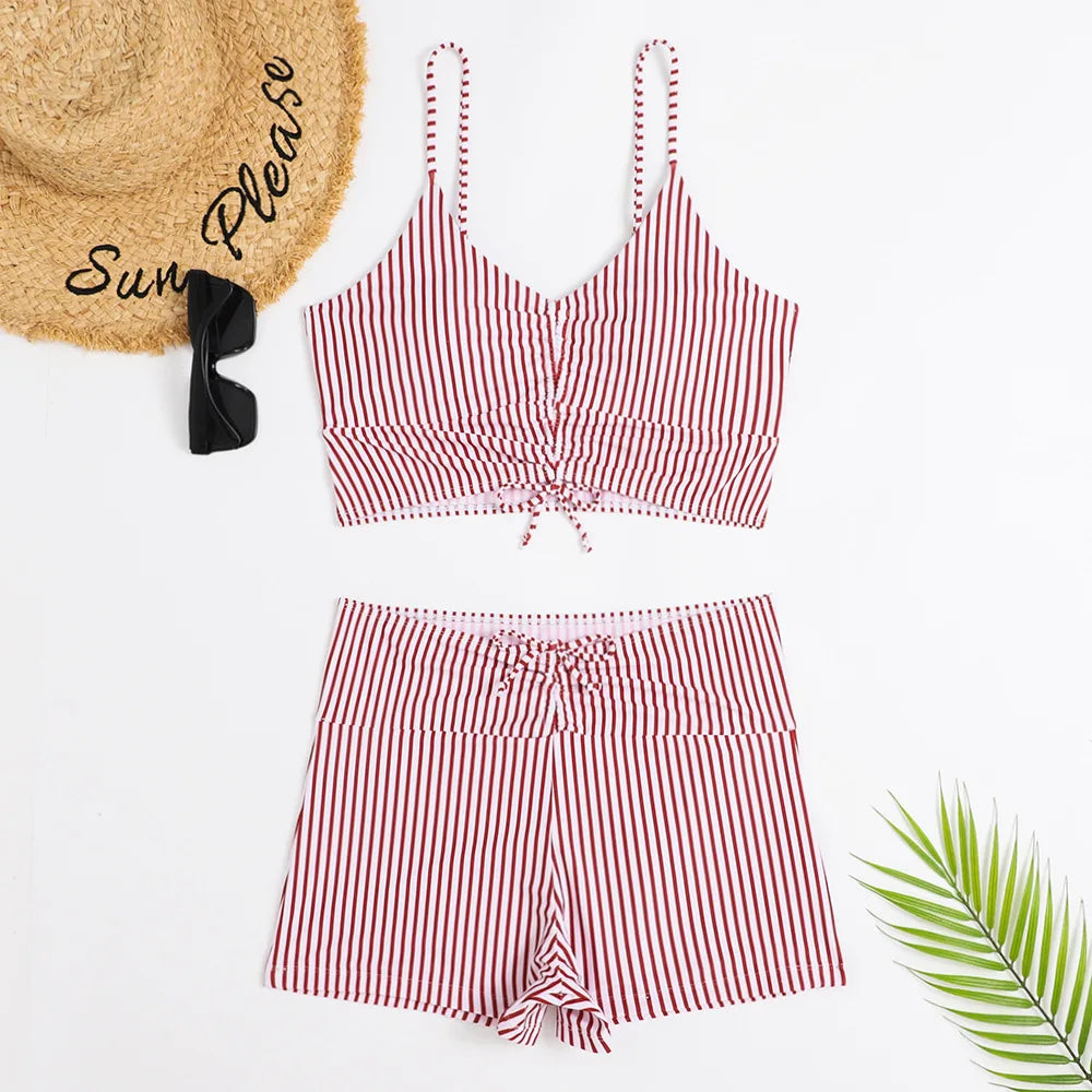 High Waist Bikini Swimsuit Women Floral Print Swim Suits Drawstring Front Shorts Boxers Swimwear Trunks Pool Bathing Suit