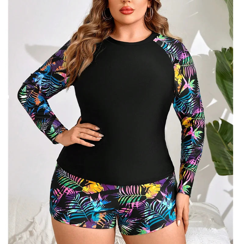Women's Two Pieces Swimsuit Plus Size Rash Guard Swimwear Sun Protection Surfing Bathing Suits Long Sleeve Swimsuits