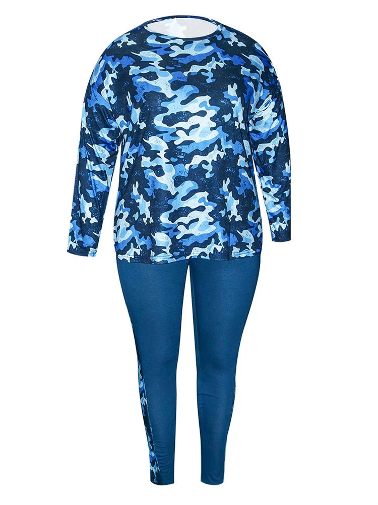 Wmstar Plus Size Women Clothes Camouflage Printed Stretch Long Sleeve Shorts Fashion Casual Two Piece Set