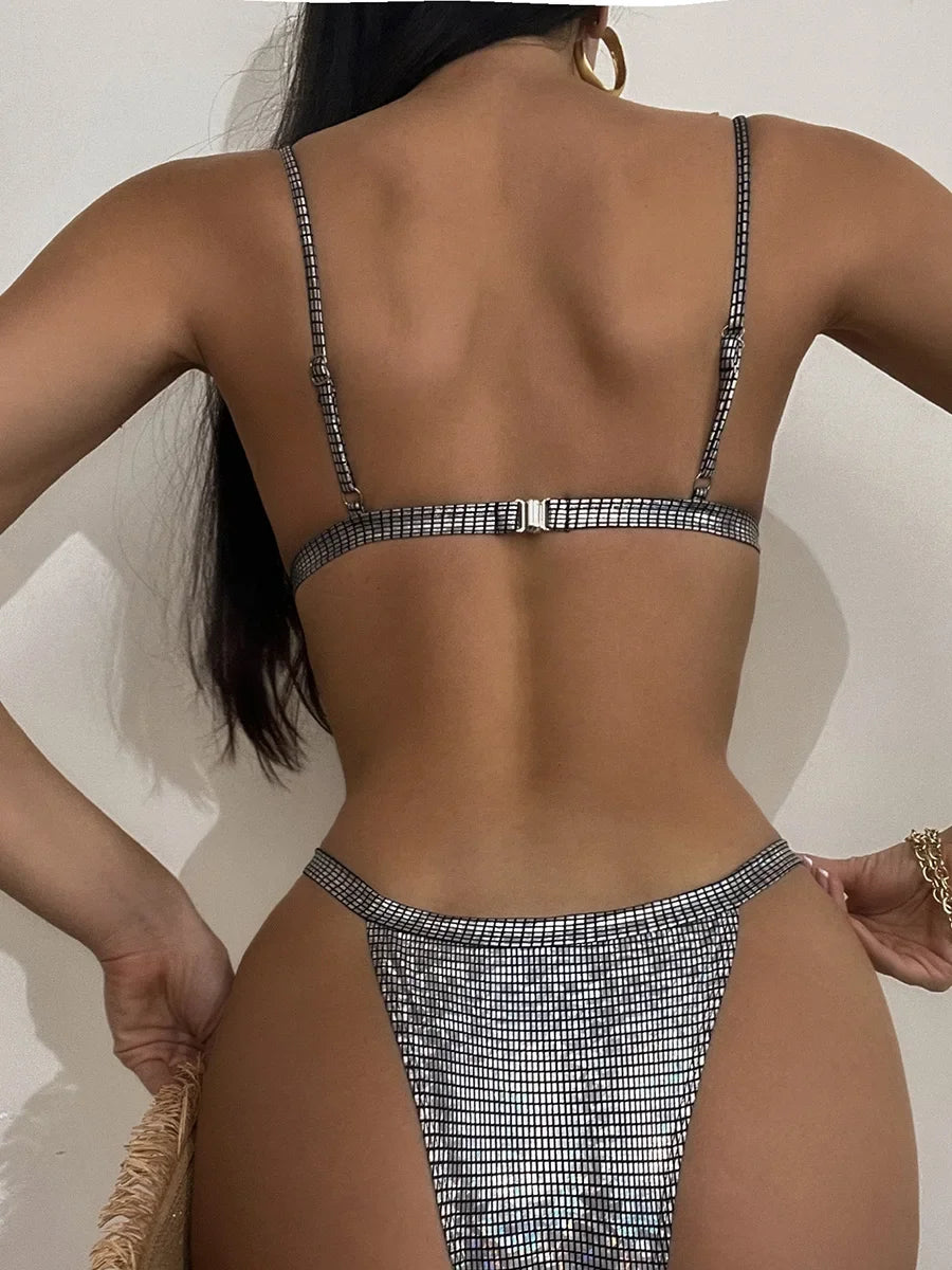 Shiny Golden Sequins High Leg Cut Bikini Female Swimsuit Women Swimwear Two-pieces Bikini Set Bather Bathing Suit Swim Lady