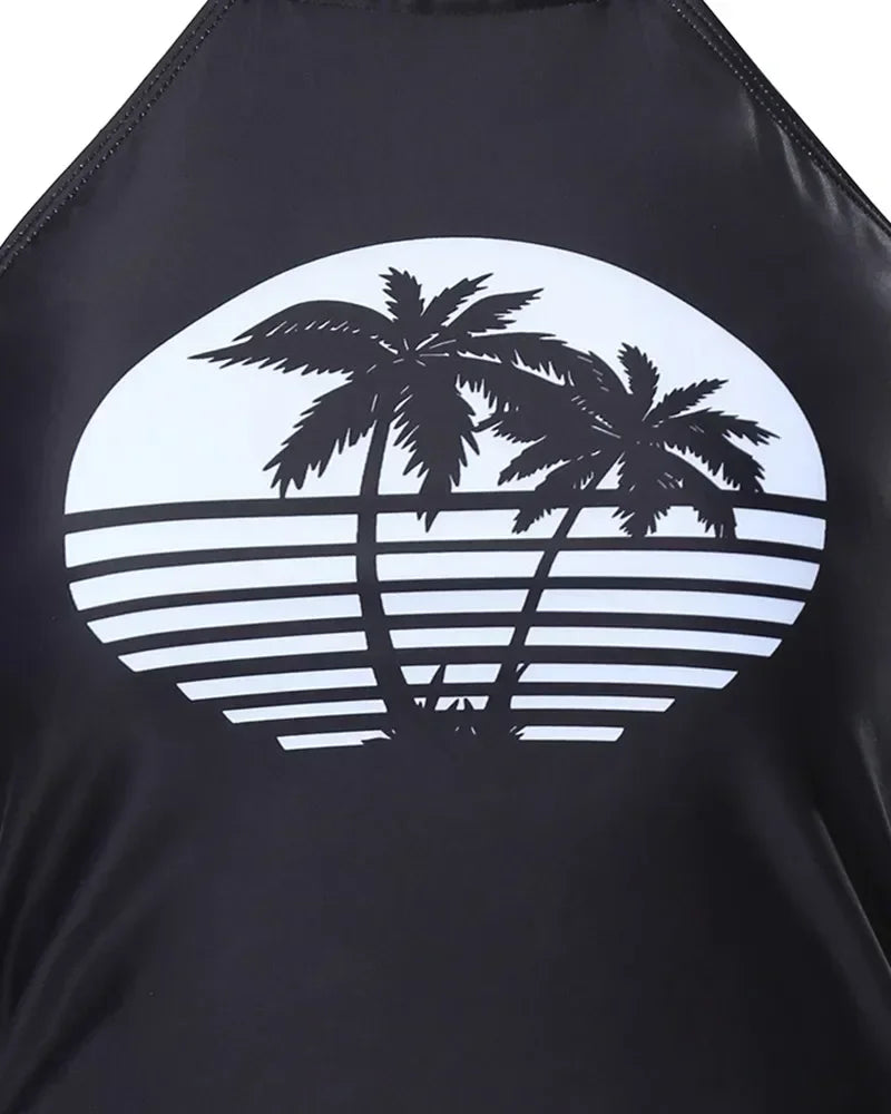 Coconut Tree Print Drawstring Ruched Halter Tankini Set Women 2pcs Clothes Suit Spring Summer Bikini Swimwear Bathing Clothing