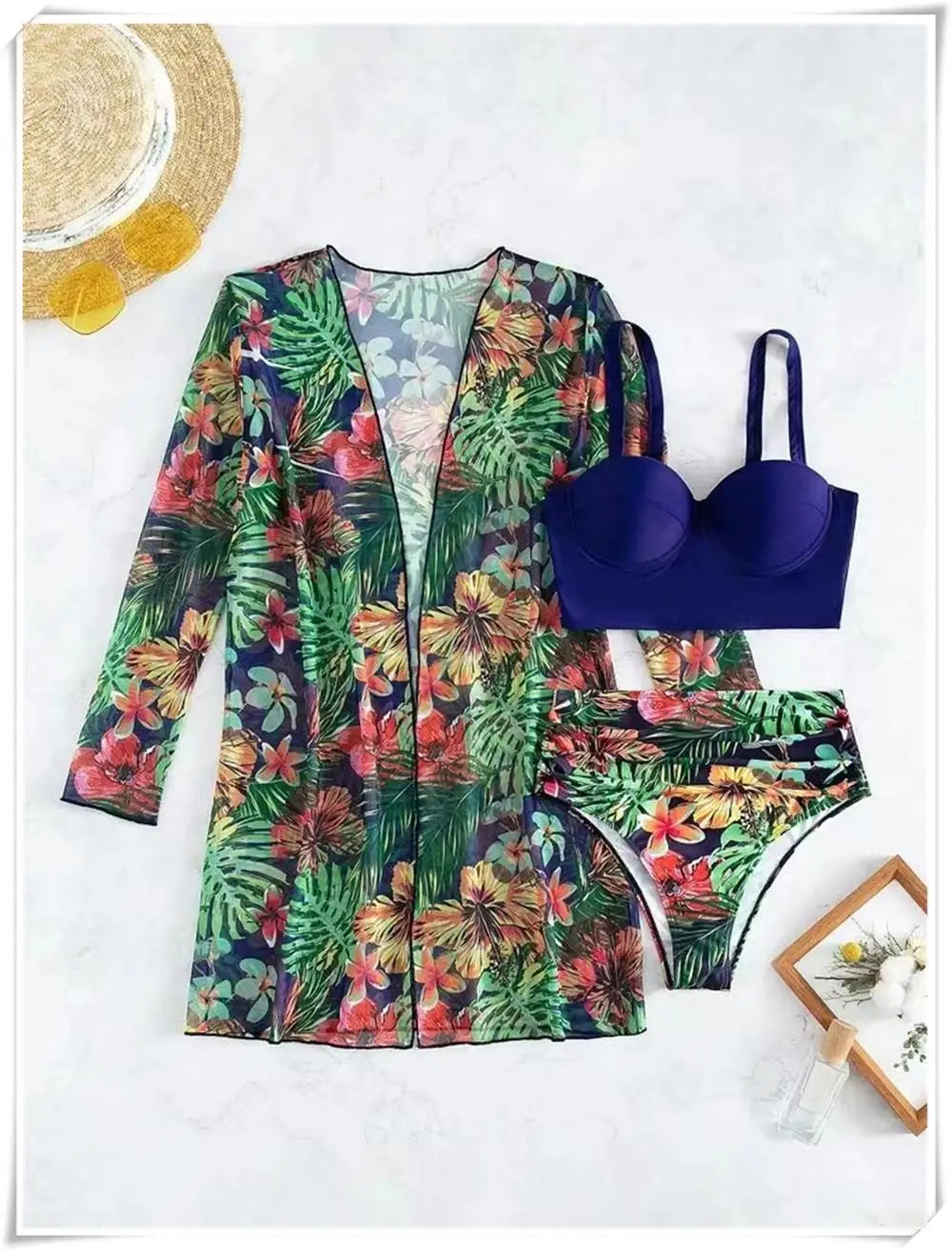 3 Piece Bikini Set Women Cover Up Swimwear Female Tropical Printed Swimsuit Push Up Beachwear Long Sleeve Bathing Suit