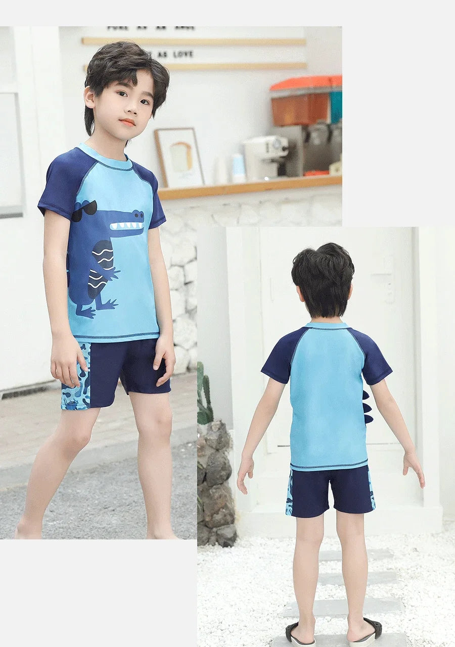 Children's Cartoon Shark Short Sleeve Split Swimwear with Swim Cap, Sun Protection Beach Wear, Baby Boys Swimsuit