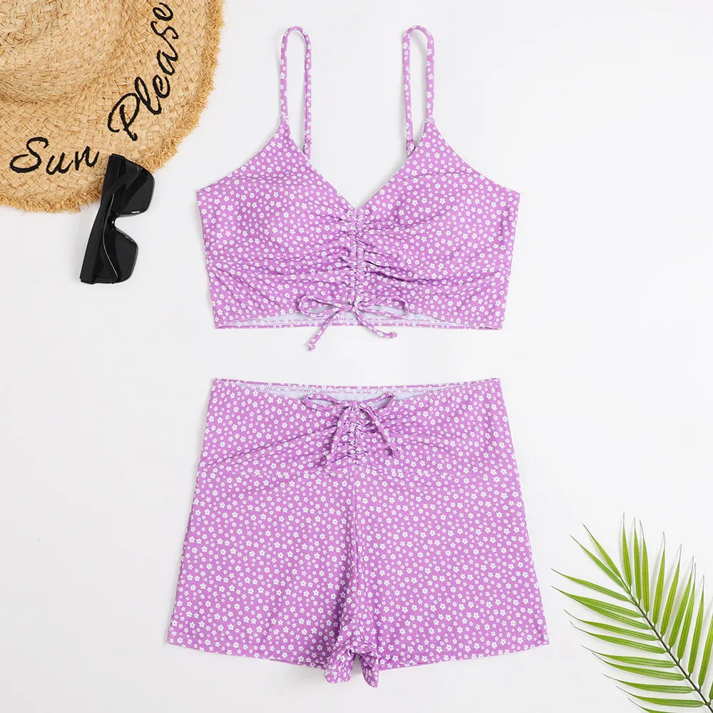 High Waist Bikini Swimsuit Women Floral Print Swim Suits Drawstring Front Shorts Boxers Swimwear Trunks Pool Bathing Suit
