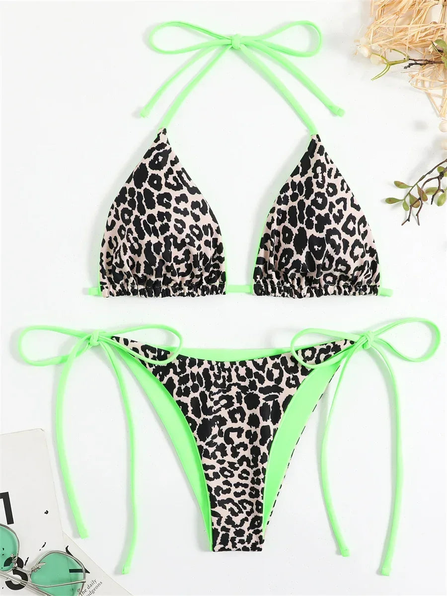 Women Pink, Green or Blue Leopard Print Neon Double Side Bikini Sets
