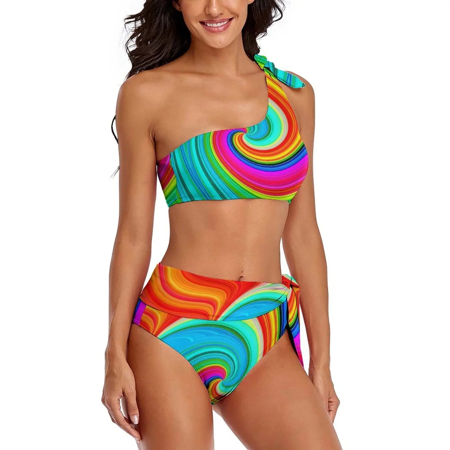 Retro Rainbow Bikinis Set Psychedelic Swirls Bikini Swimsuit High Waist Stylish Swimwear Beach 2 Pieces Feminine Bikinis