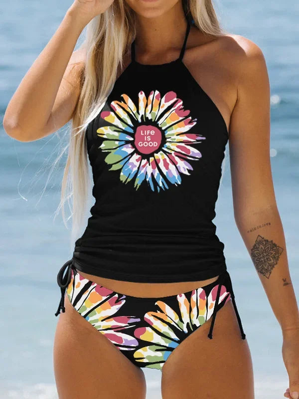 Summer Fashion Casual Vacation Swimsuit Women's Seaside Sunset Dusk Printed Bikini Two Piece Set S-6XL