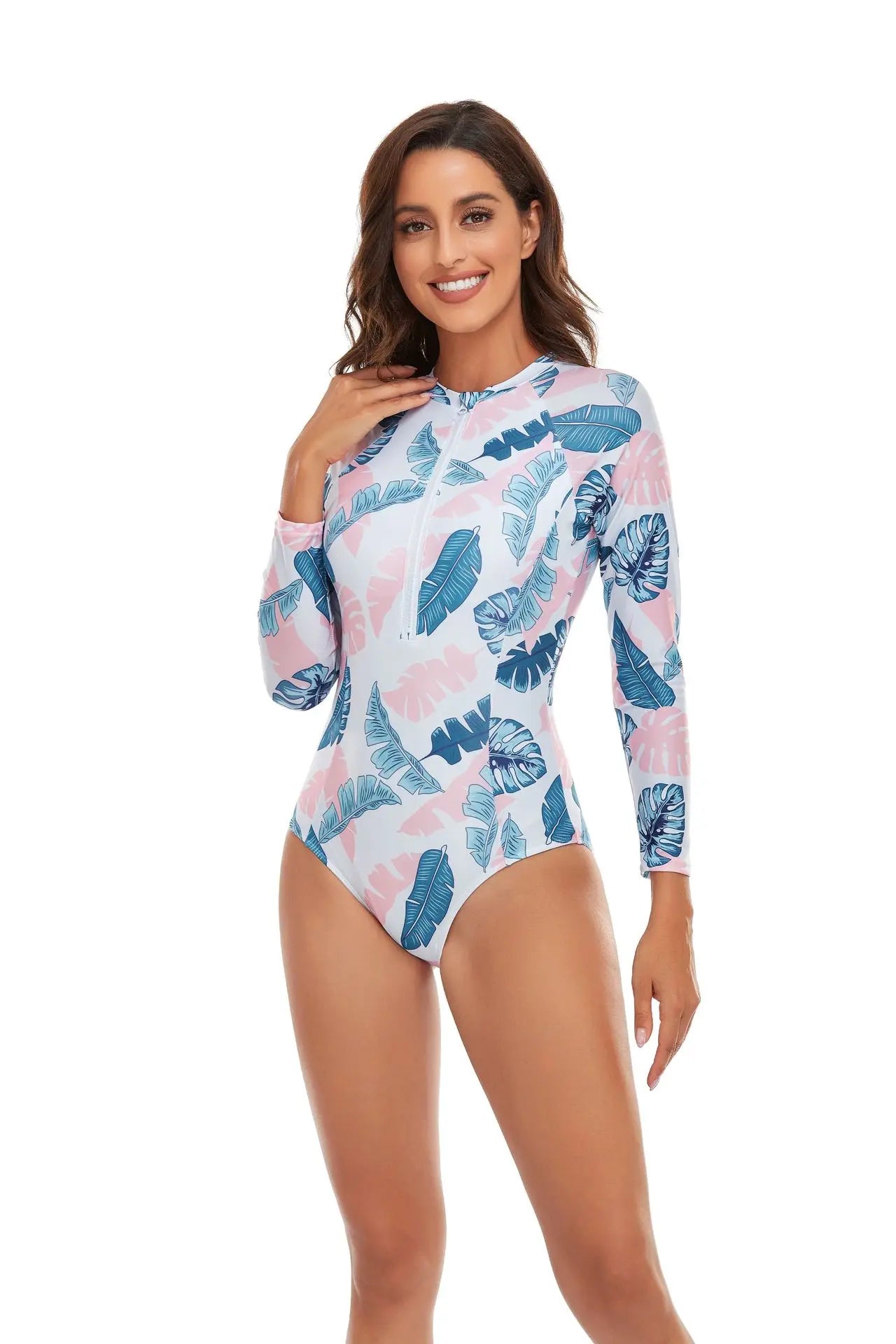 One-piece Swimsuit Women Long Sleeves Sunscreen Surf Wear Solid Color Stitching Zipper Conservative Summer Beach Swimwear