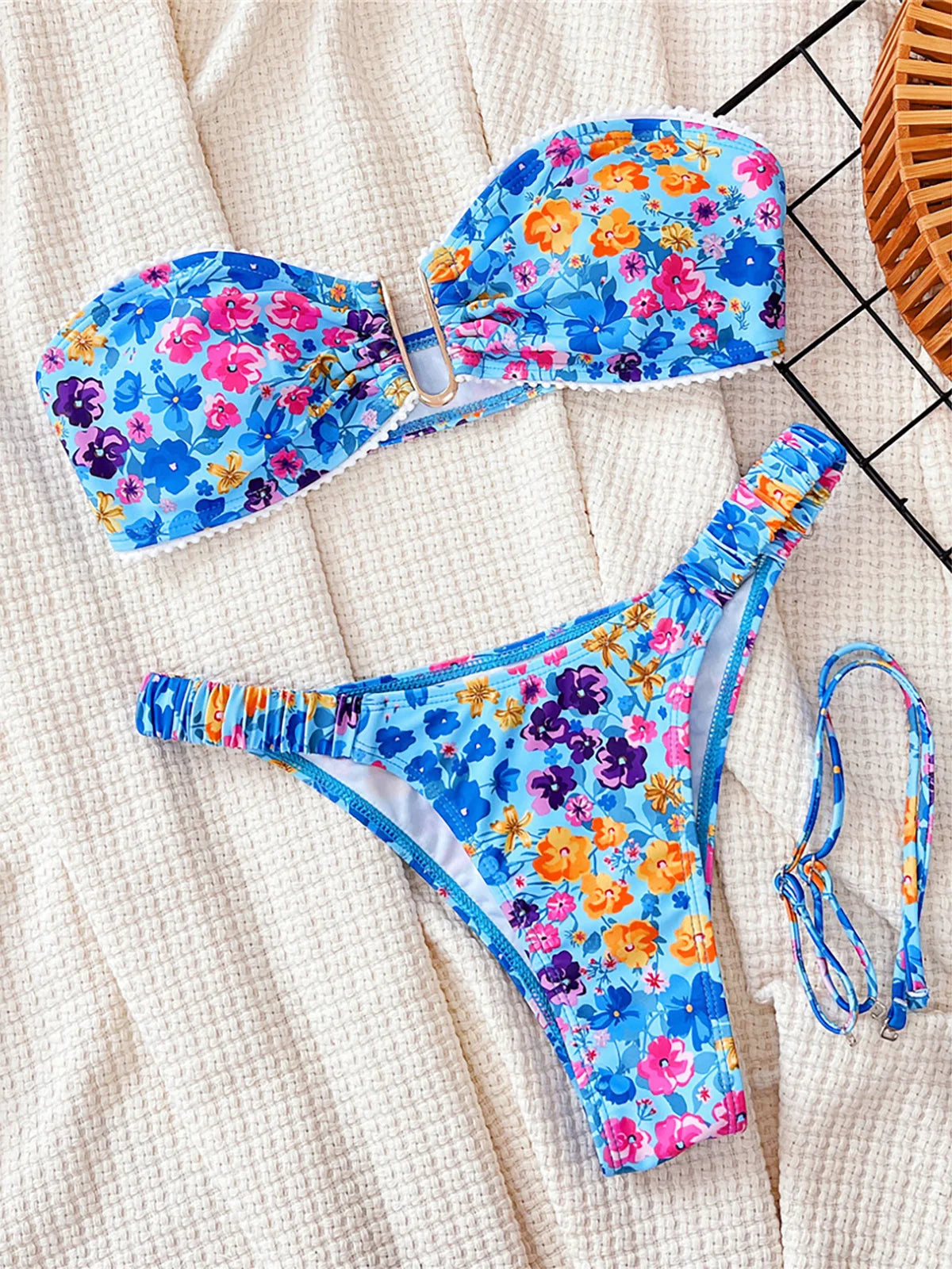 U Neck Flowers Printed Wrinkled Bikini Female Swimsuit Women Swimwear Two-pieces Bikini set Bather Bathing Suit Swim