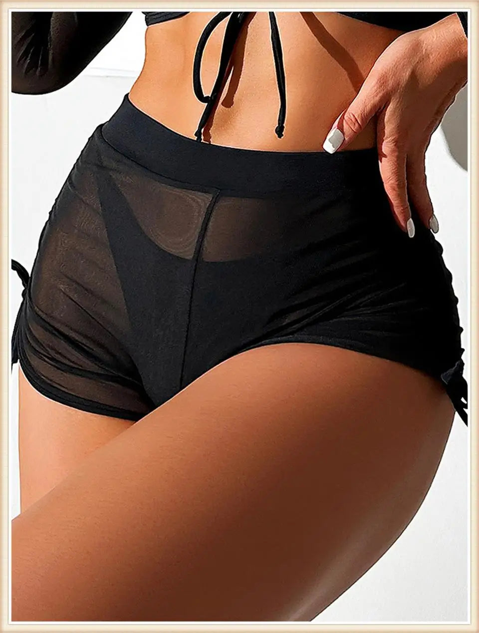 4 Piece Bikini Women Drawstring Cover Up Top & Shorts Swimsuit Female Halter Swimwear Bathing Swimming Mesh Beachwear Suit