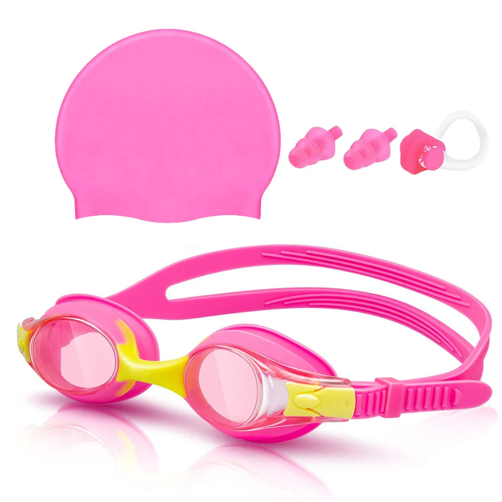 Kids Swim Goggles and Silicone Swim Cap set with Nose Clip Earplugs,Waterproof No Leaking Anti Fog UV Protection for Boys Girls