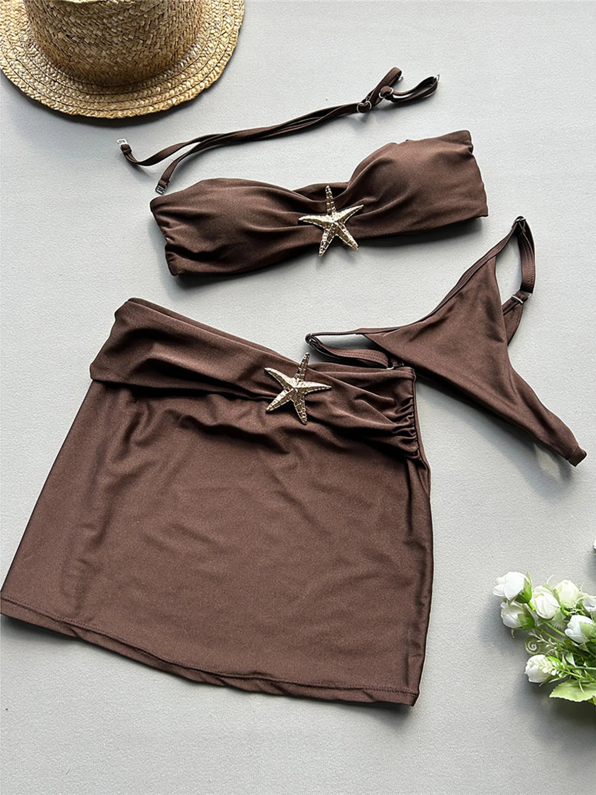 With Skirt Metal Star High Leg Cut Bikini Women Swimwear Female Swimsuit Three-pieces Bikini set Bather Bathing Suit Swim