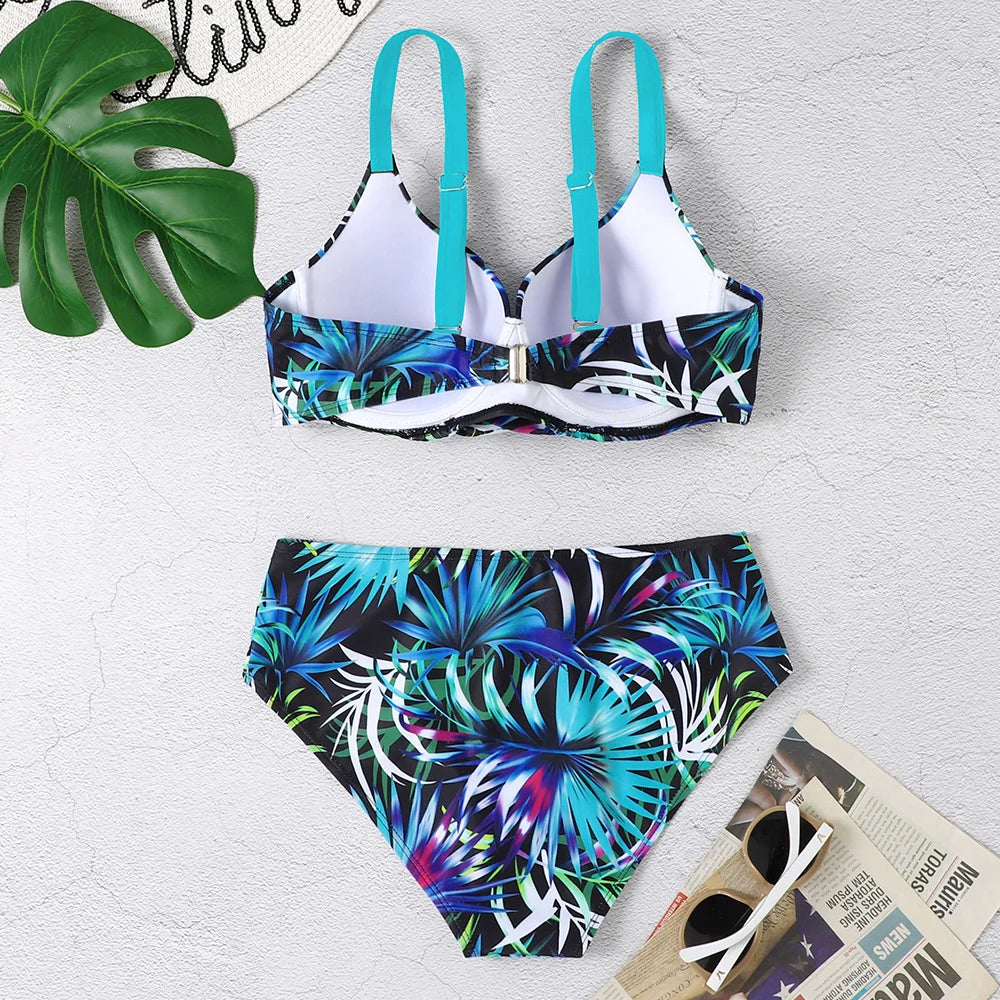Push Up Bikini Set Women Printed Swimsuit Mid Waist Swimwear Female Bathers Swimming Bathing Swim Suit Beachwear