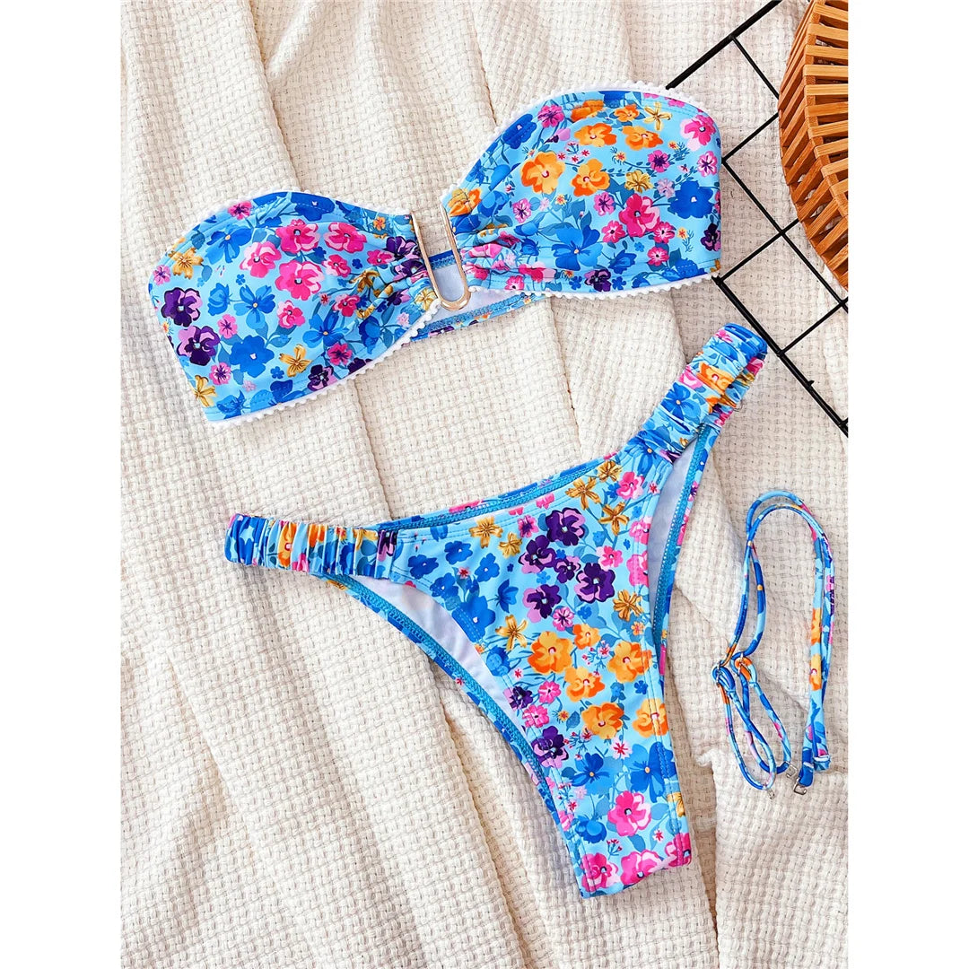 U Neck Flowers Printed Wrinkled Bikini Female Swimsuit Women Swimwear Two-pieces Bikini set Bather Bathing Suit Swim