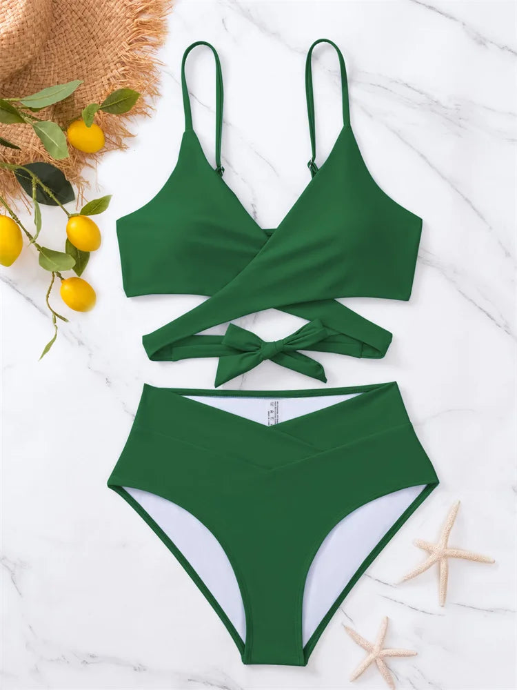 Solid Strapped Bikini Set Push UP Hollow Swimsuit Women Swimwear Biquinis High Waist Backless Bathing Suit