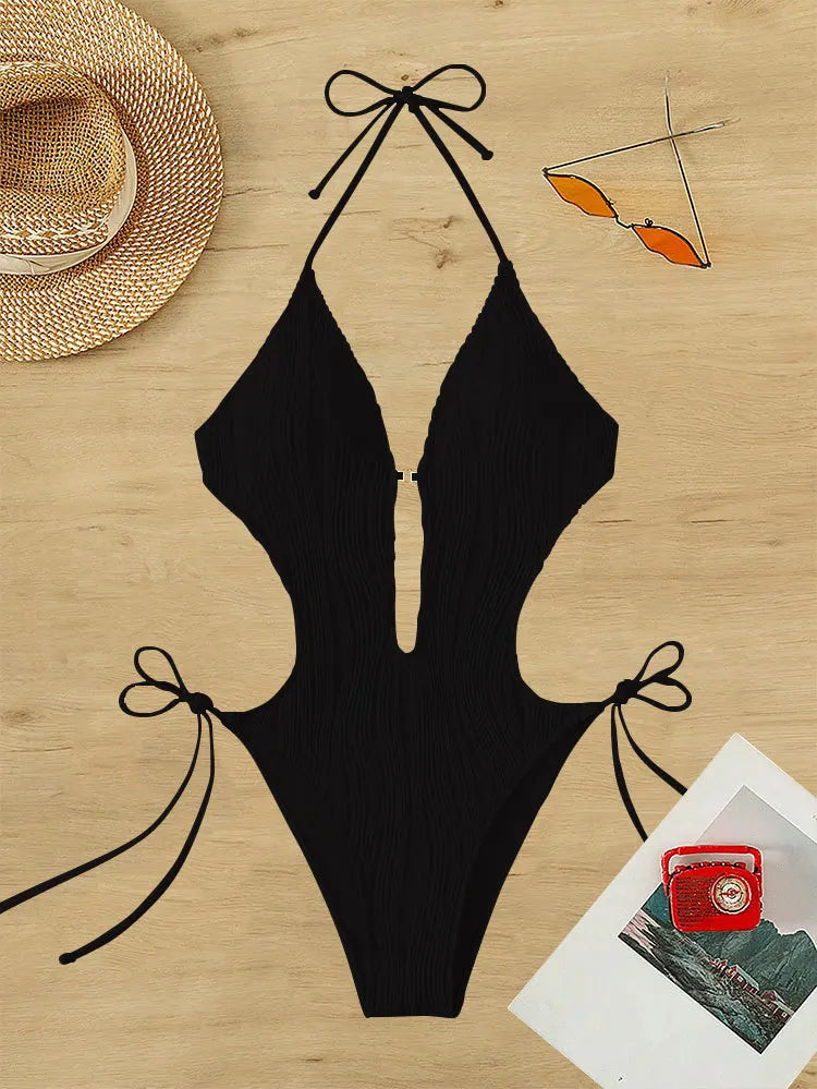 Cikini-Cut Out Tie Side Halter Swimsuit for Women, Monochromatic, Beach Swimwear, Bathing Suit, Summer