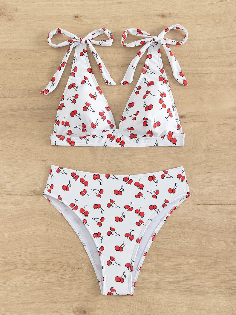 Black Cherry Print Bikini Set Women Tie Up Strap V Neck Push Up High Waist Swimsuit Cut Out Bathing Suit Two Piece Swimwear