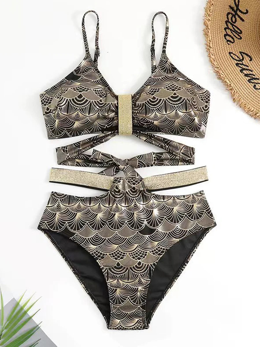 Metallic Stitch Strap Bikini Women Push Up Gold print Swimsuit Female High Waist Swimwear Bathers Bathing Suit Beachwear