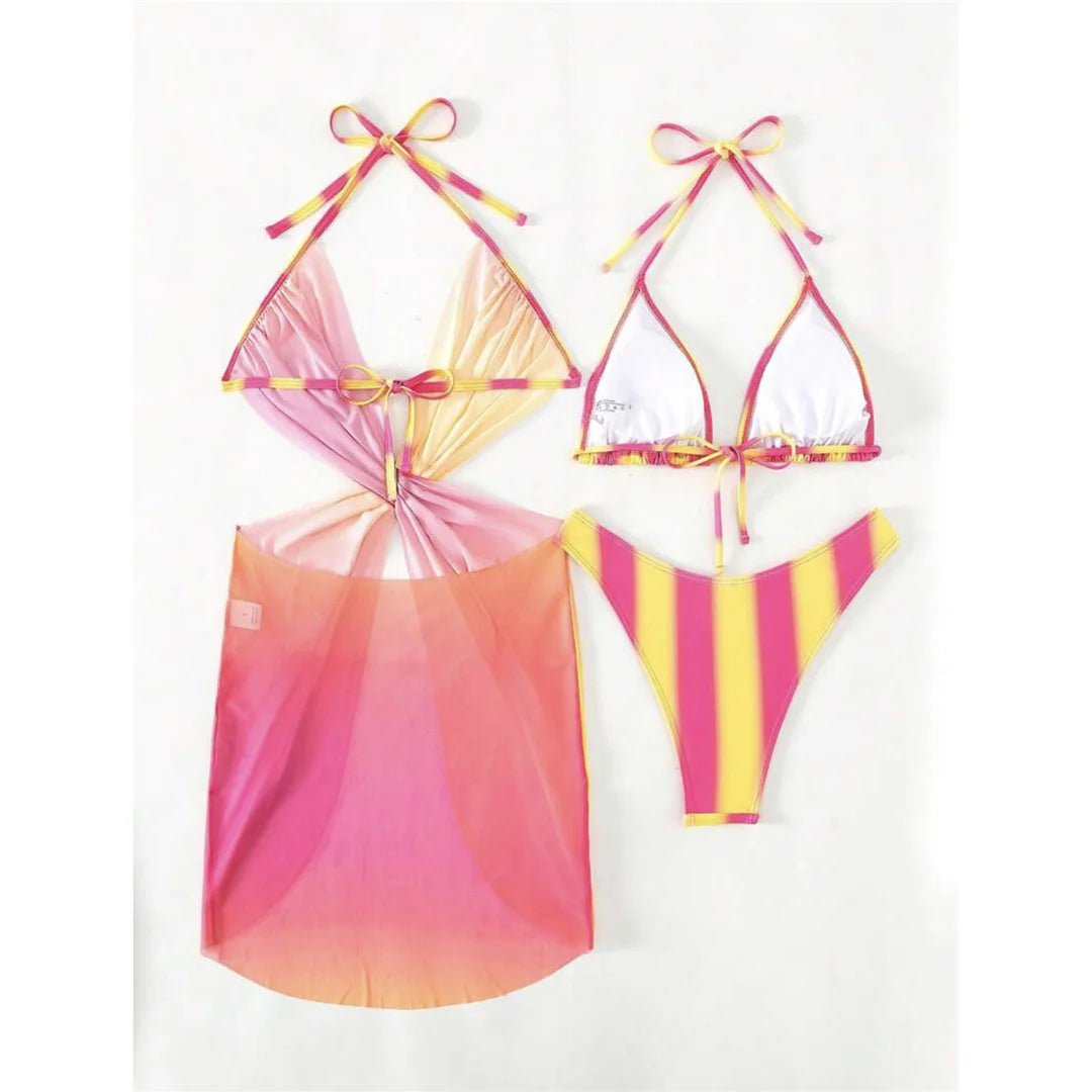With Dress Tie Dye Striped Bikini Female Swimsuit Women Swimwear Three-pieces Bikini set Bather Bathing Suit Swim