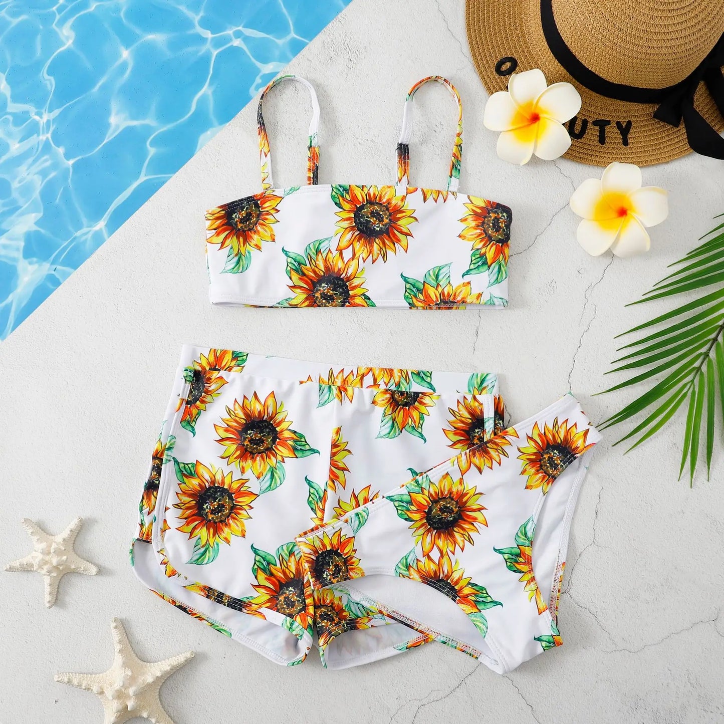 Girls 3 piece Coconut Palm Print Bikini Sets with Shorts Trunks Kids Swimsuit 7-12 Years Children's Swimwear 2024 Bathing Suit