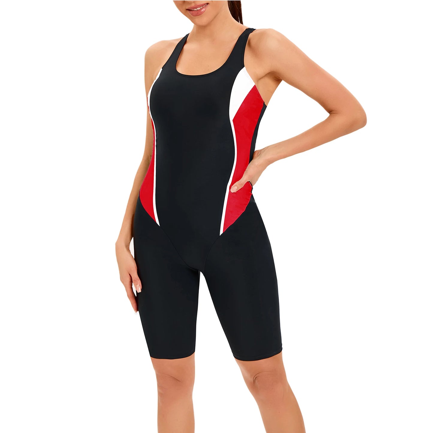 Women's One-piece Swimwear Scoop Neck Sleeveless Hollow Back Patchwork Sport Swimsuit Athletic Training Beachwear Bathing Suit